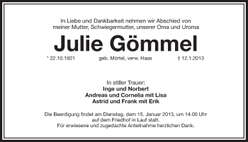 Traueranzeige von Julie Gömmel von Pegnitz-Zeitung